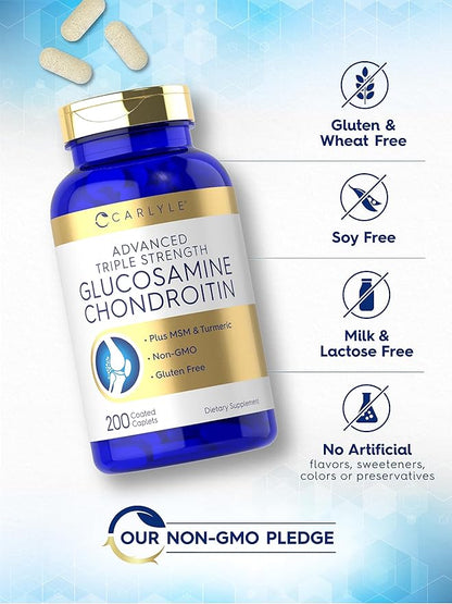 Carlyle Glucosamine Chondroitin MSM Turmeric | 200 Count | Advanced Triple Strength Supplement | Non-GMO & Gluten Free