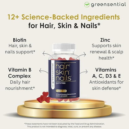 Sugar-Free Hair, Skin & Nails Gummies - Complete Vitamin Complex w/Natural Ingredients - Fuller Hair Support - No Artificial Colors, Natural Strawberry Flavor, Made in USA, 60 Ct