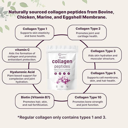Micro Ingredients Multi Collagen Peptides Powder, 1lb – Hydrolyzed Type I,II,III,V,X with Biotin, Hyaluronic Acid, Vitamin C – Unflavored Collagen for Women & Men, Easy Dissolve, 41 Servings