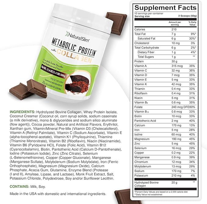 Metabolic Protein Powder with Collagen, Chocolate whey protein powder shake, Hydrolyzed Collagen with L-Glutamine for Digestion, Skin, Joints & Muscle, Low Carb Meal Replacement, 17.06 oz