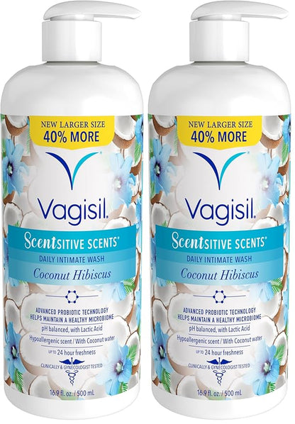 Vagisil Feminine Wash for Intimate Area Hygiene, Scentsitive Scents, pH Balanced and Gynecologist Tested, Coconut Hibiscus, 16.9 oz with Pump (Pack of 2)