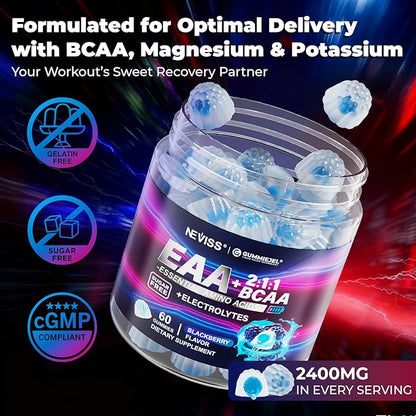 EAA Gummies Supplements, All 9 Essential Amino Acids Supplement, BCAA Amino Acids Gummies for Men Women│Branched-Chain Aminos & Electrolyte Hydration Gummies│Gluten Free, Raspberry Flavor, Vegan, 60ct