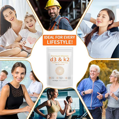 Daiasns Vitamin D3 K2 10000iu Supports Muscle & Brain Health -High-Potency D3 K2 Supplement Helps in Immune and Cardiovascular Support - 120 Softgels
