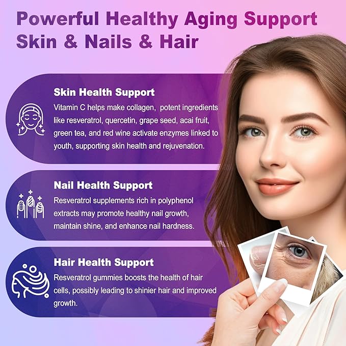 Resveratrol Supplement 1500mg - Resveratrol Gummies Supports NAD⁺, NMN & NMNH Synergy, with Quercetin, Grape Seed, Acai Berries Extracts for Antioxidant, Healthy Aging & longevity, Skin, Brain - 1Pcs