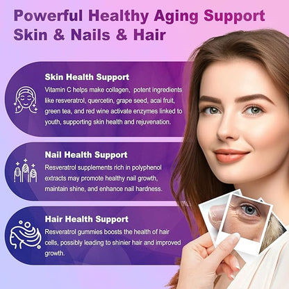 Resveratrol Supplement 1500mg - Resveratrol Gummies Supports NAD⁺, NMN & NMNH Synergy, with Quercetin, Grape Seed, Acai Berries Extracts for Antioxidant, Healthy Aging & longevity, Skin, Brain - 1Pcs