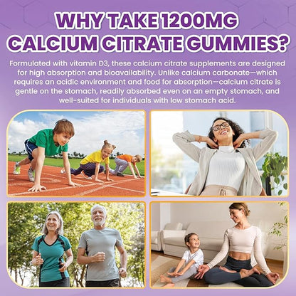 Calcium Citrate Gummies - 1200mg Calcium Gummies Supplements for Women & Men with Vitamin D3, K2, Magnesium, Zinc High Absorption for Bone, Muscle & Immune Support, Grape Flavor, 60 Count