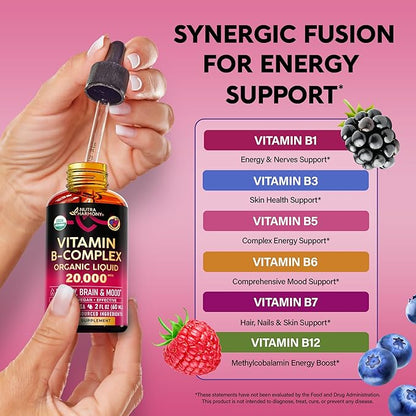 USDA Organic Vitamin B-Complex B5 Pantothenic Acid | B12 Methylcobalamin | B1 Thiamine | B6 Pyridoxine | B7 Biotin | B9 Folic | B3 Niacinamide - B Complex Liquid Drops, Made in USA Supplement, 2fl oz