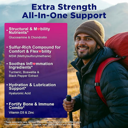 Sugar Free Glucosamine Chondroitin MSM Gummies - Max Strength Mobility Supplement for Women & Men w/ Glucosamine Sulfate 2000mg, Boswellia, Curcumin & Hyaluronic Acid - Flexibility Support - 60Cts