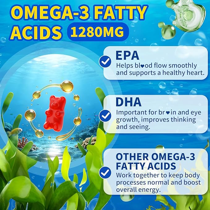 Vegan Omega-3 Gummies 1028mg, Omega 3 Fish Oil Alternative for Adults w/EPA 400mg & DHA 600mg & Vitamin A, C, E Supports Brain, Eye & Immune Health, Sugar Free, Raspberry Flavor, 60 Count