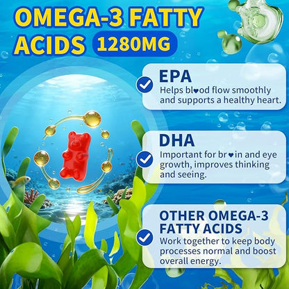 Vegan Omega-3 Gummies 1028mg, Omega 3 Fish Oil Alternative for Adults w/EPA 400mg & DHA 600mg & Vitamin A, C, E Supports Brain, Eye & Immune Health, Sugar Free, Raspberry Flavor, 120 Count