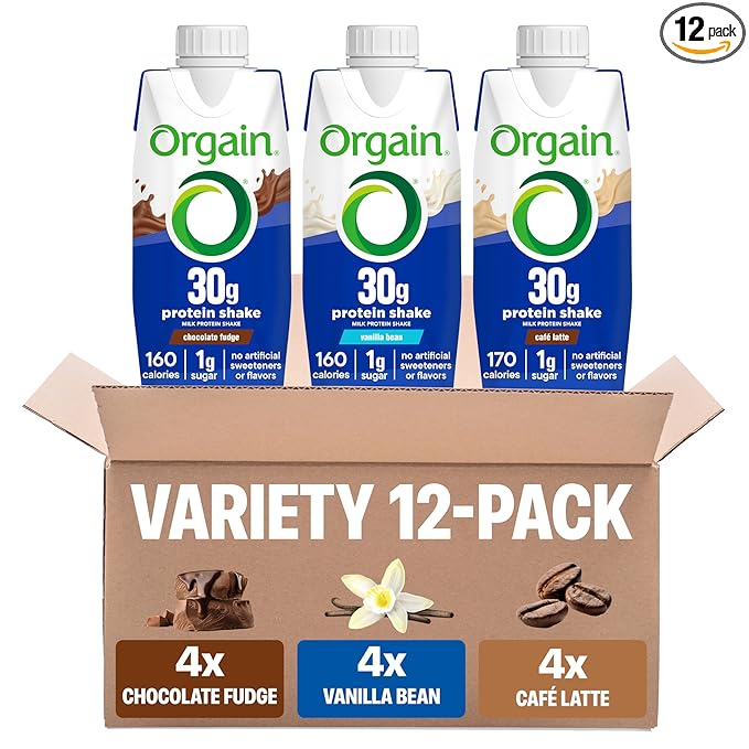Orgain 30g High Protein Shake Variety Pack, Dairy Isolate Milk Protein, 5g BCAAs, 1g Sugar Per Serving, Caffeine, Meal Replacement, Ready to Drink, Chocolate, Vanilla, Café Latte, 11 Fl Oz (12 Pack)