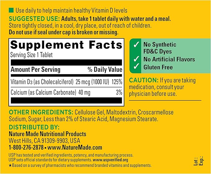 Nature Made Vitamin D3 1000 IU (25 mcg), Vitamin D Supplement for Bone, Teeth, Muscle and Immune Health Support, 300 Tablets, 300 Day Supply
