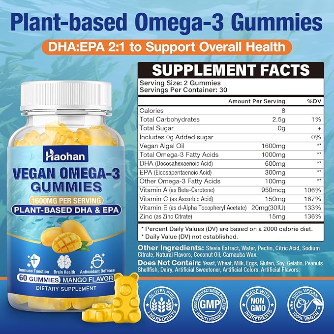 Omega-3 Gummies for Adults, Orange Flavor – Sugar-Free, Algae-Derived DHA 600mg & EPA 300mg, with Vitamins A, C, E, Zinc, 60 Gummies