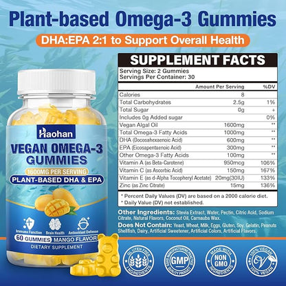 Omega-3 Gummies for Adults, Orange Flavor – Sugar-Free, Algae-Derived DHA 600mg & EPA 300mg, with Vitamins A, C, E, Zinc, 120 Gummies