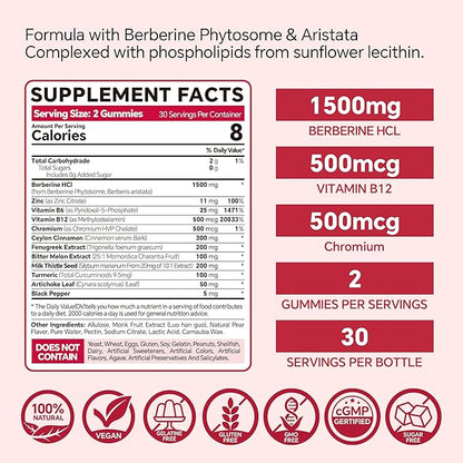 Berberine Supplement 1500mg,Sugar Free Berberine with Ceylon Cinnamon Gummies,Chromium,Turmeric, Fenugreek for Naturally Metabolism Balanced, Berberine HCl from Indian Barberry Extract, 120 Cts