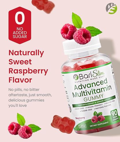 BariSlim Advanced Bariatric Multivitamin Gummies - Specially Formulated Bariatric Vitamins for Patients After Weight Loss Surgery - Supports Energy & Immune Health | Raspberry (90 Vegan Gummies)