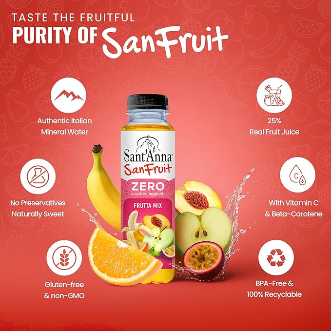 Sant’Anna SanFruit Mixed Fruit Drink 11.15 Fl Oz (12-Pack) | Italian Beverage with Real Juice (Apple, Peach, Orange, Passion Fruit, Banana) | Made with Natural Mineral Water from the Italian Alps | No Added Sugar, No Preservatives