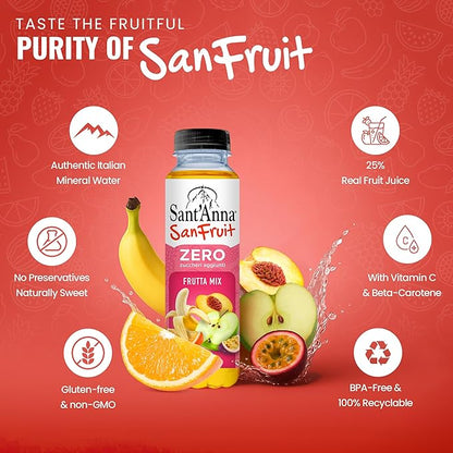 Sant’Anna SanFruit Mixed Fruit Drink 11.15 Fl Oz (12-Pack) | Italian Beverage with Real Juice (Apple, Peach, Orange, Passion Fruit, Banana) | Made with Natural Mineral Water from the Italian Alps | No Added Sugar, No Preservatives