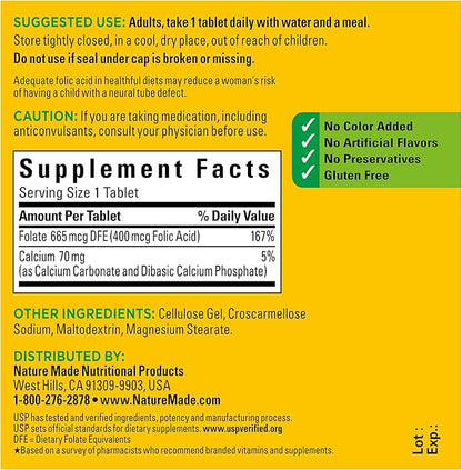 Nature Made Folic Acid 400 mcg (665 mcg DFE) Dietary Supplement for Nervous System Function, Folic Acid Supplements for Women and Men, 250 Tablets, 250 Day Supply