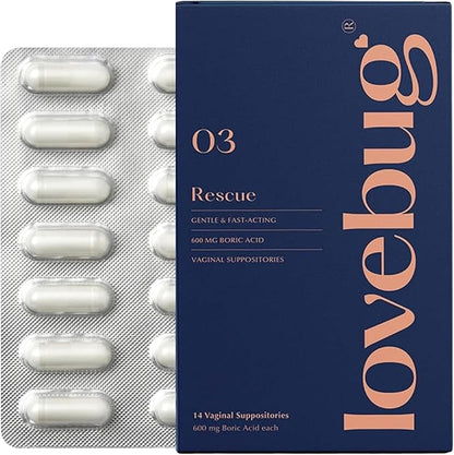 LoveBug Women's Health Rescue Vaginal Boric Acid Suppositories for Women - Fast Acting Suppository for Odor, Discharge, Yeast, and pH Balance with Coconut Oil, Hyaluronic Acid & Vitamin E, 14 ct