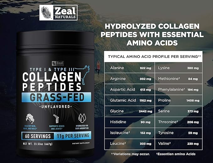 Zeal Naturals Hydrolyzed Collagen Peptides Powder, 10g Protein | Grass-Fed Collagen for Women & Men | Essential Amino Acids | Hair, Skin, Nails, Bone Health | 60 Servings, Unflavored, 23.53 oz.