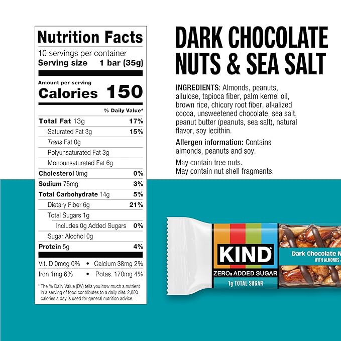 Kind Zero Added Sugar Healthy Snacks Bars, Dark Chocolate Nuts & Sea Salt, Gluten Free, High Fiber, Keto Snacks, 5g Protein, 10 Count