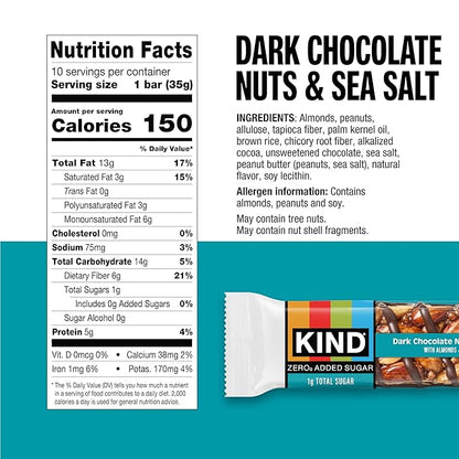 Kind Zero Added Sugar Healthy Snacks Bars, Dark Chocolate Nuts & Sea Salt, Gluten Free, High Fiber, Keto Snacks, 5g Protein, 10 Count