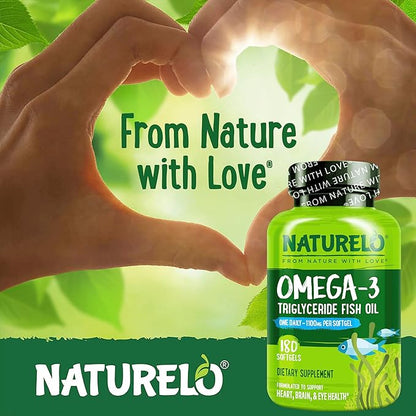 NATURELO Burpless Omega 3 Fish Oil Supplement - 1100mg Triglyceride Omega-3, EPA + DHA, for Heart, Eye, Brain, Joint Health - 180 Softgels, 6 Months Supply