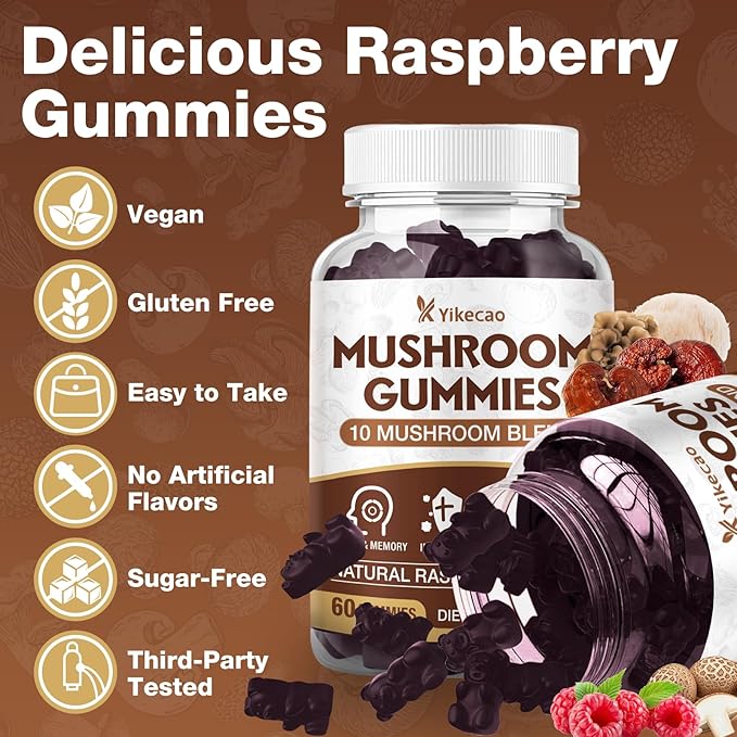 2 Pack Mushroom Gummies for Adults, 10 Blend Mushroom Supplement with Lions Mane, Cordyceps, Reishi, Chaga and Turkey Tail for Focus and Energy, Raspberry Flavor, 120 Count