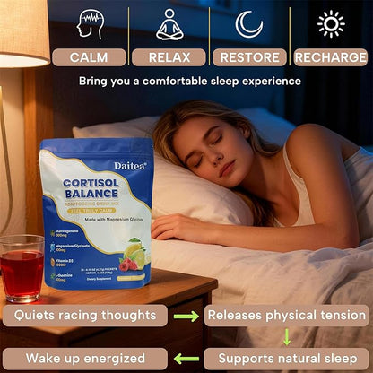 Cortisol Calm Drink Mix with Magnesium Glycinate Powder, L-Theanine, Vitamins, and Ashwagandha for Relaxation & Focus | Adaptogen Drink & Cortisol Support | 30 Packets (Raspberry & Lemon Flavor)