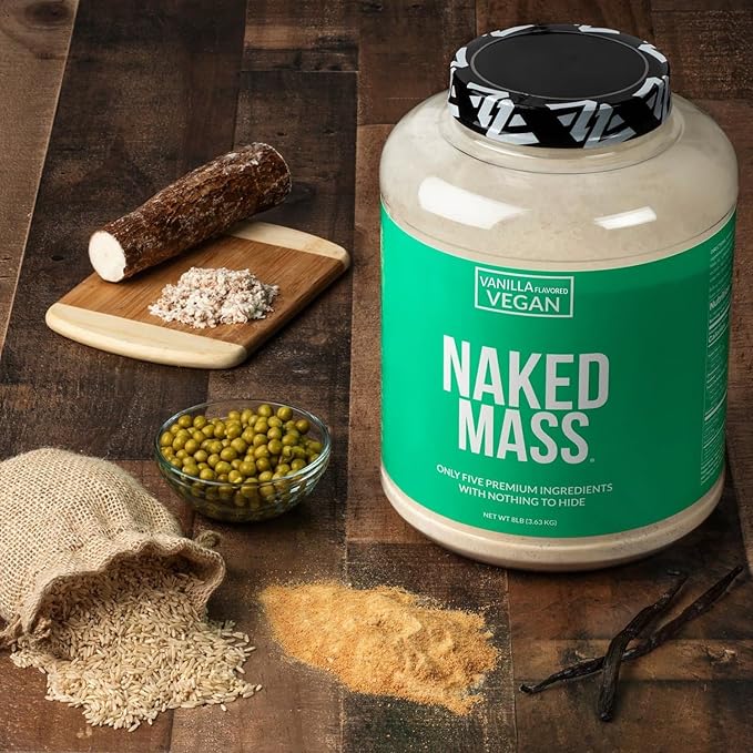 NAKED Vegan Mass - Vanilla Vegan Weight Gainer - 1,230 Calories, NSF Certified, Non-GMO, Soy & Gluten Free, No Artificial Ingredients - 8LB Bulk - 11 Servings