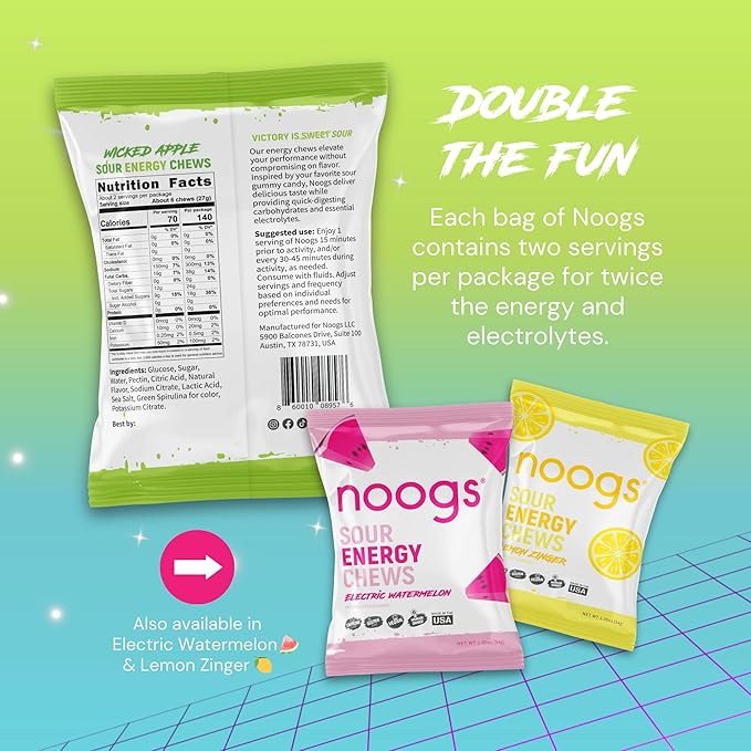 Noogs Sour Energy Chews, Wicked Apple Electrolyte Energy Gummies, Sour Candy Flavored Alternative to Running Gels, Vegan, Gluten Free & Caffeine Free, 12 Pack