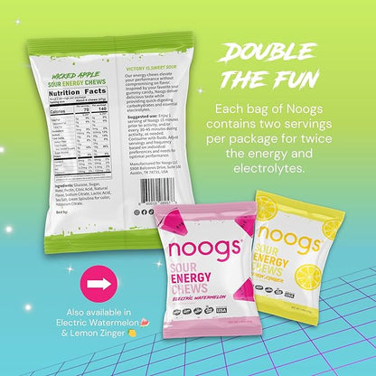 Noogs Sour Energy Chews, Wicked Apple Electrolyte Energy Gummies, Sour Candy Flavored Alternative to Running Gels, Vegan, Gluten Free & Caffeine Free, 12 Pack