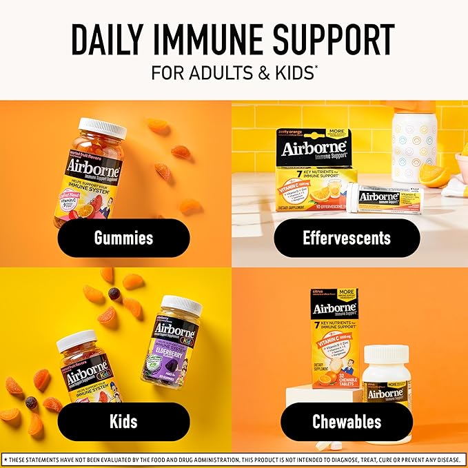 Airborne 1000mg Vitamin C with Vitamin D & Zinc, Sugar Free Multivitamin Immune Support Supplement, Antioxidants Vitamins A C & Vitamin E, 30 Effervescent Tablets, Zesty Orange Flavor