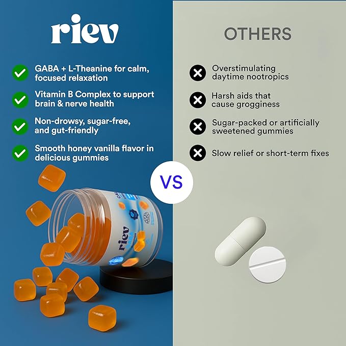 riev GABA Gummies – Honey Vanilla Flavor – with Vitamin B6, Magnesium, Chamomile, Lemon Balm & L-Theanine – Vegan, Sugar-Free, Non-GMO – Nighttime Relaxation Support – 30 Gummies