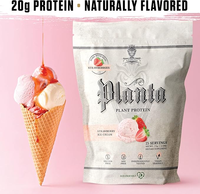 Ambrosia Planta - Plant-Based Protein Powder 20g | Dairy Free Vegan Protein Powder with BCAA Amino Acids | Keto-Friendly, No Added Sugar | 25 Servings | Strawberry Ice Cream