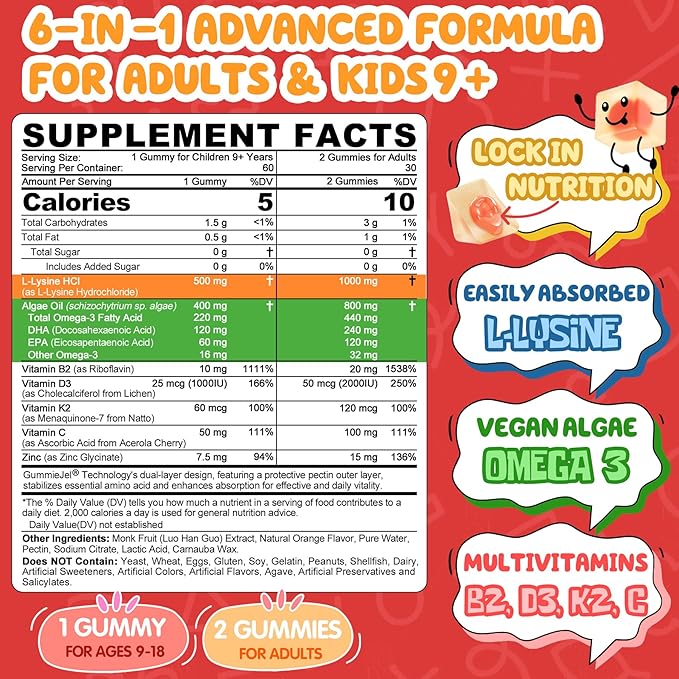 L-Lysine Gummies 500/1000mg with Algae Omega 3, Vitamin B2, D3, K2, C for Kids 9+, Teen & Adult, Lysine Supplement Support Immune, Lip & Oral, Collagen Production, Brain, Bone Health, Sugar Free 1Pack