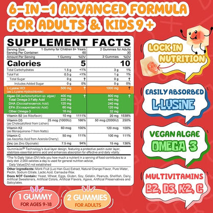 L-Lysine Gummies 500/1000mg with Algae Omega 3, Vitamin B2, D3, K2, C for Kids 9+, Teen & Adult, Lysine Supplement Support Immune, Lip & Oral, Collagen Production, Brain, Bone Health, Sugar Free 1Pack