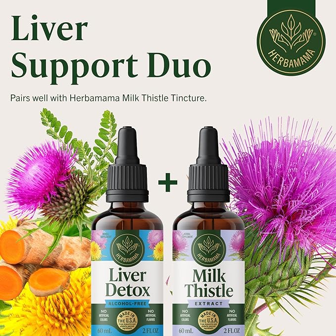 HERBAMAMA Liver Support Tincture - Vegan Liver Detox Liquid Drops with Milk Thistle, Dandelion Root & Chanca Piedra - Non-GMO, Alcohol & Sugar-Free Liquid Cleanse Supplement, 42-Day Supply