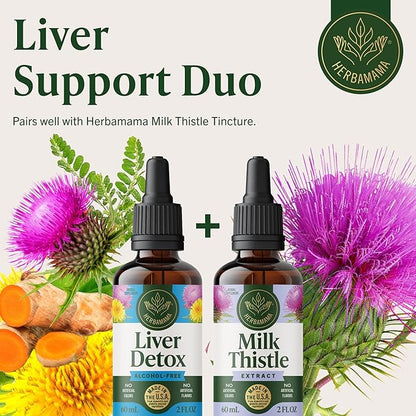 HERBAMAMA Liver Support Tincture - Vegan Liver Detox Liquid Drops with Milk Thistle, Dandelion Root & Chanca Piedra - Non-GMO, Alcohol & Sugar-Free Liquid Cleanse Supplement, 42-Day Supply