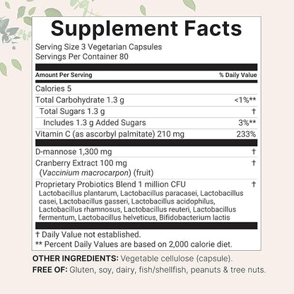 Pure D Mannose 1,300mg with Cranberry & Probiotics, 240 Veggie Capsules | Urinary Tract Health for Women | Plus 1 Million CFU Probiotics Blend & High Absorption Vitamin C | Filler Free, Non-GMO