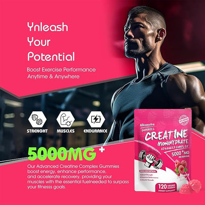 NSF Certified Creatine Gummy - Creatine Monohydrate Gummies 5000mg for Men & Women -120 Gummies Advanced Formula, Muscle Strength, Muscle Builder, Energy Boost, Pre-Workout Supplement-Raspberry