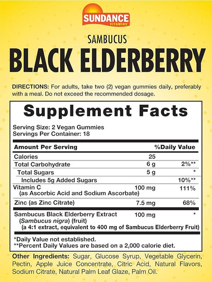 Sundance Elderberry Gummies for Adults | with Zinc & Vitamin C | Berry Flavor | Vegan, Non-GMO, and Gluten Free Supplement