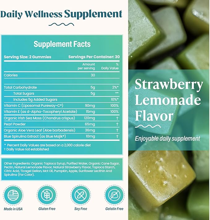 Akasha Superfoods Sea Moss Glow Gummies, Hair, Skin & Nails Vitamins with Seamoss, Pearl Powder, Vitamin E, Aloe Vera, Liposomal Vitamin C, and Irish Sea Moss, Gummies for Women & Men, 60 Count