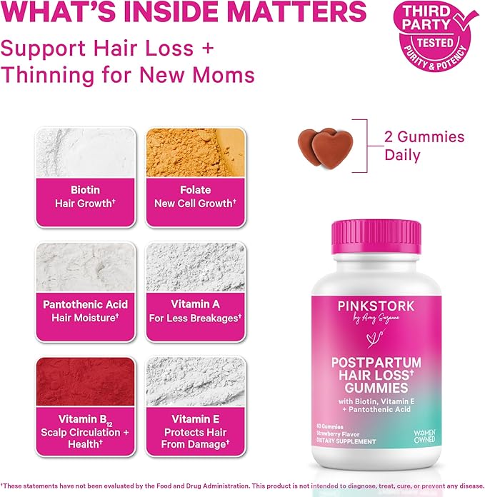 Pink Stork Postpartum Hair Loss Gummies | Biotin, Pantothenic Acid, Vitamin E, B6, B12 | Postnatal Hair Growth + Regrowth Support | Breastfeeding-Friendly | Postpartum Essentials | 60 Gummies