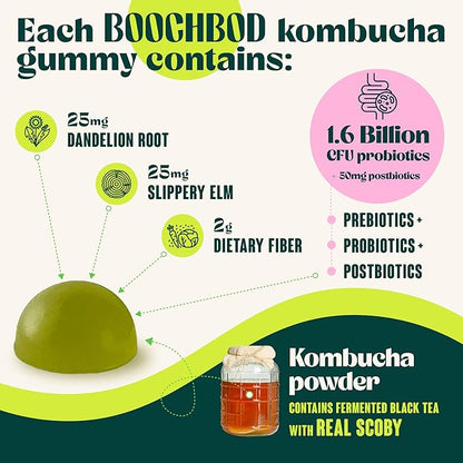 Probiotic Kombucha Gummy - Prebiotics, Probiotics, Postbiotics, Fiber Supplement, Slippery Elm, Dandelion Root, for Bloating, Gut Health - for Women and Men - Lemon Lime (Lemon Lime)