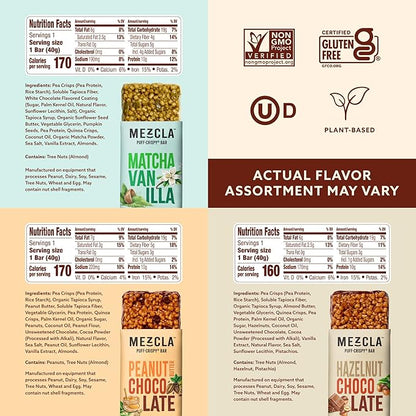 Mezcla Puff-Crispy Plant Based Protein Bars - Variety Pack - Healthy Snacks for Adults & Kids - Granola Bars for School, Travel, & Office Snacks - Gluten Free, Vegan, Non GMO, 10g Protein - 8 Count