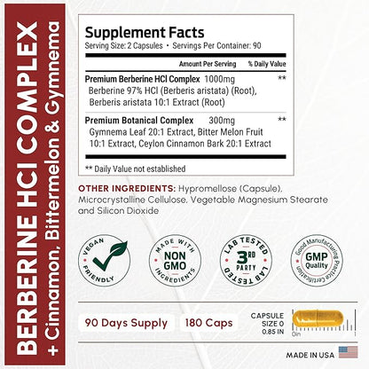 ForestLeaf Berberine Supplement - 1300mg per Serving - Ultra High Potency Berberine HCl with Ceylon Cinnamon, Bitter Melon & Gymnema - Weight Management Support - 180 Caps