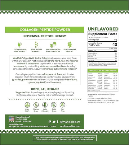 MariGold Grass-fed Collagen Peptides Powder Unflavored 1LB - 100% Pure, Type I & III Bovine Hydrolyzed Collagen, Non-GMO, Hormone-Gluten-Dairy Free, Keto-Friendly, Easy to Mix