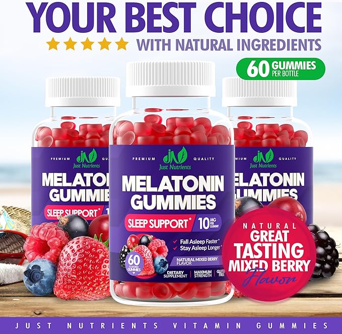 Melatonin 10mg Gummies with 10mg of Melatonin Per Gummy (60 Servings) - Maximum Strength Sleep Support for Adults - Gluten-Free, Non-GMO, Vegetarian, Great Tasting Mixed Berry Flavor - 60 Servings